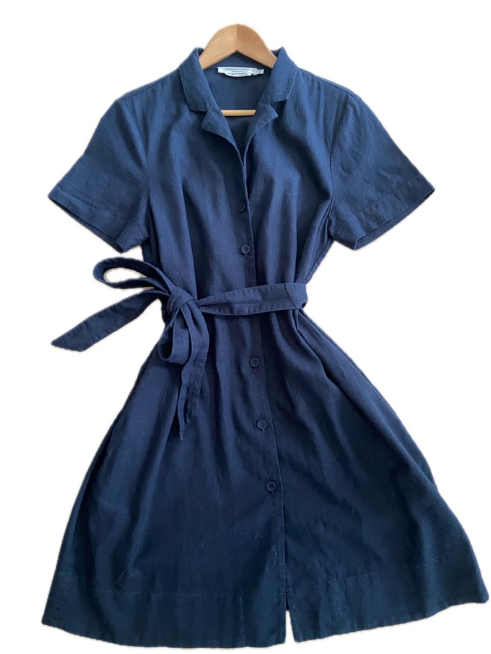 Simons CONTEMPORAINE Organic Linen Cotton Belted Shirt Mini Dress Navy Medium